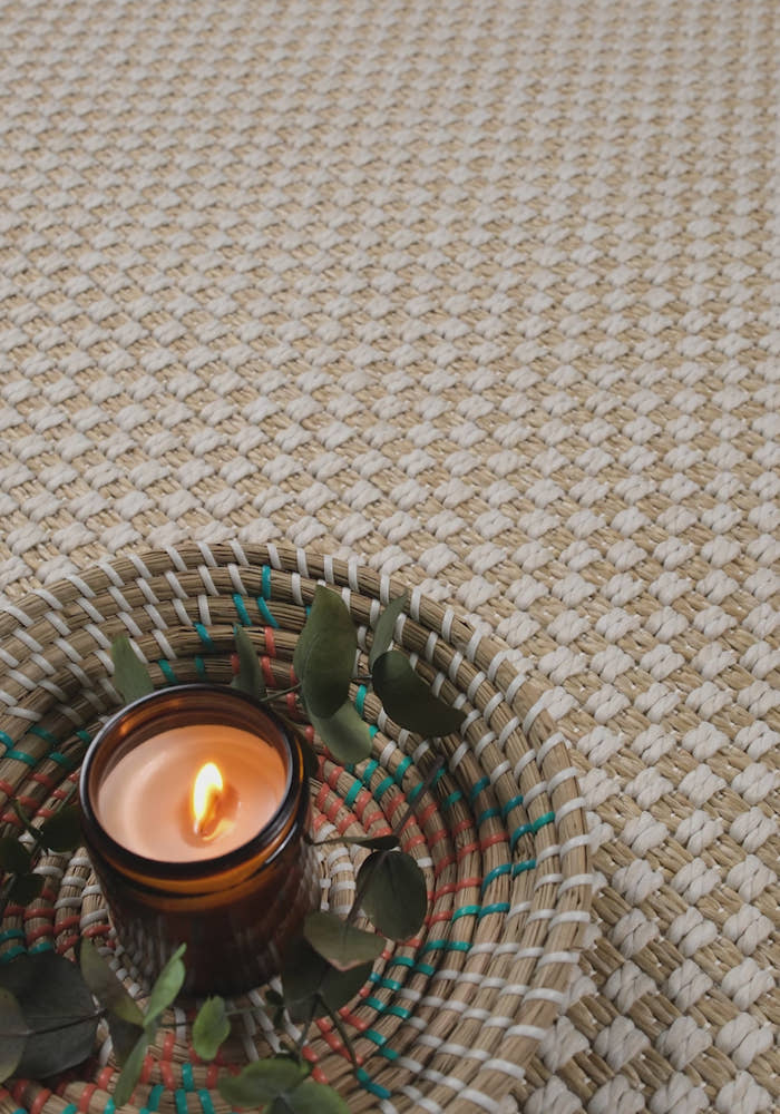 Santorini 115 Krem Kahve Hasır Görünümlü Uzun Kenarı Bordür Desenli Sisal Halı