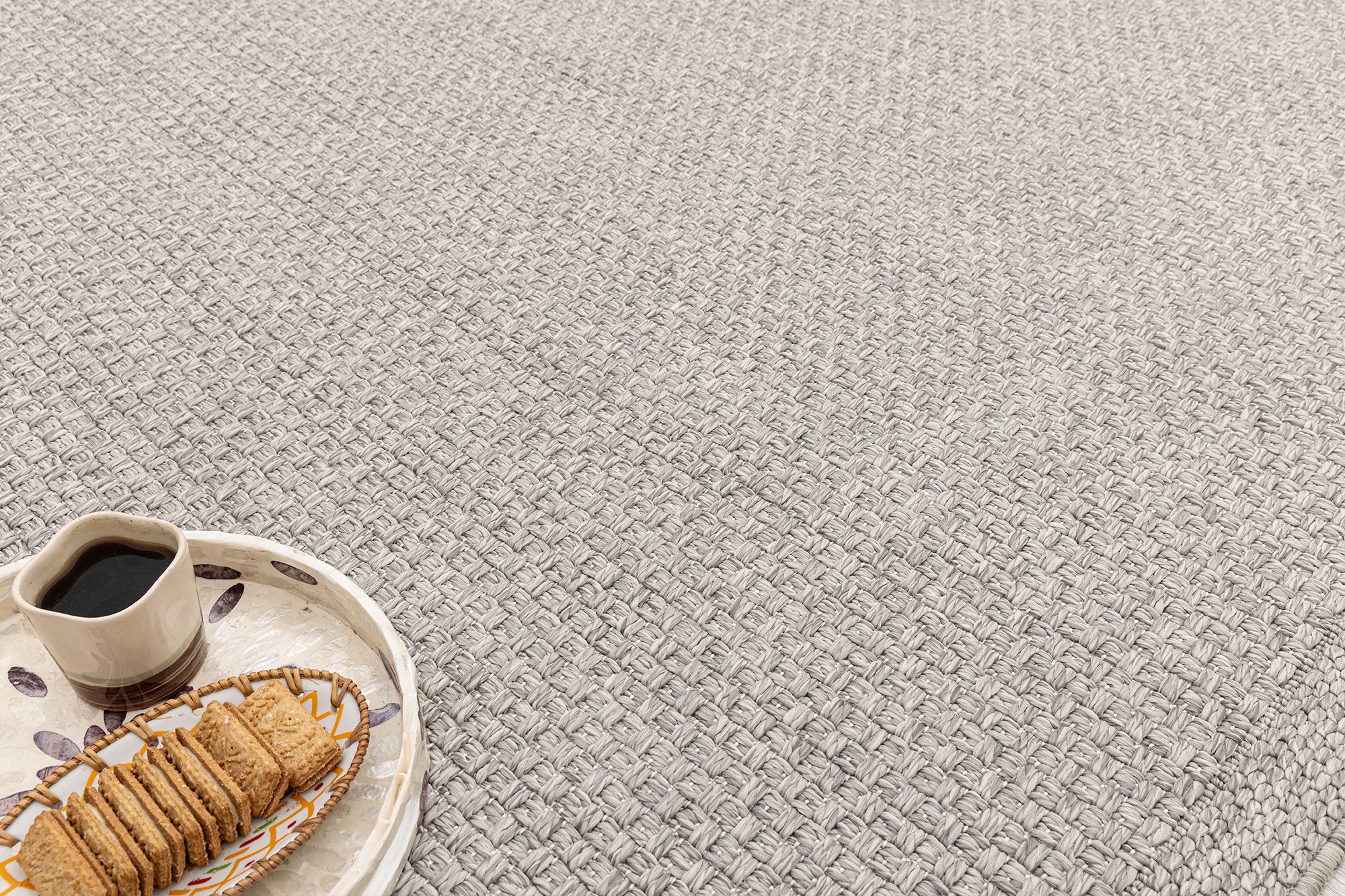 Santorini 115 Gri Hasır Görünümlü Uzun Kenarı Bordür Desenli Sisal Halı