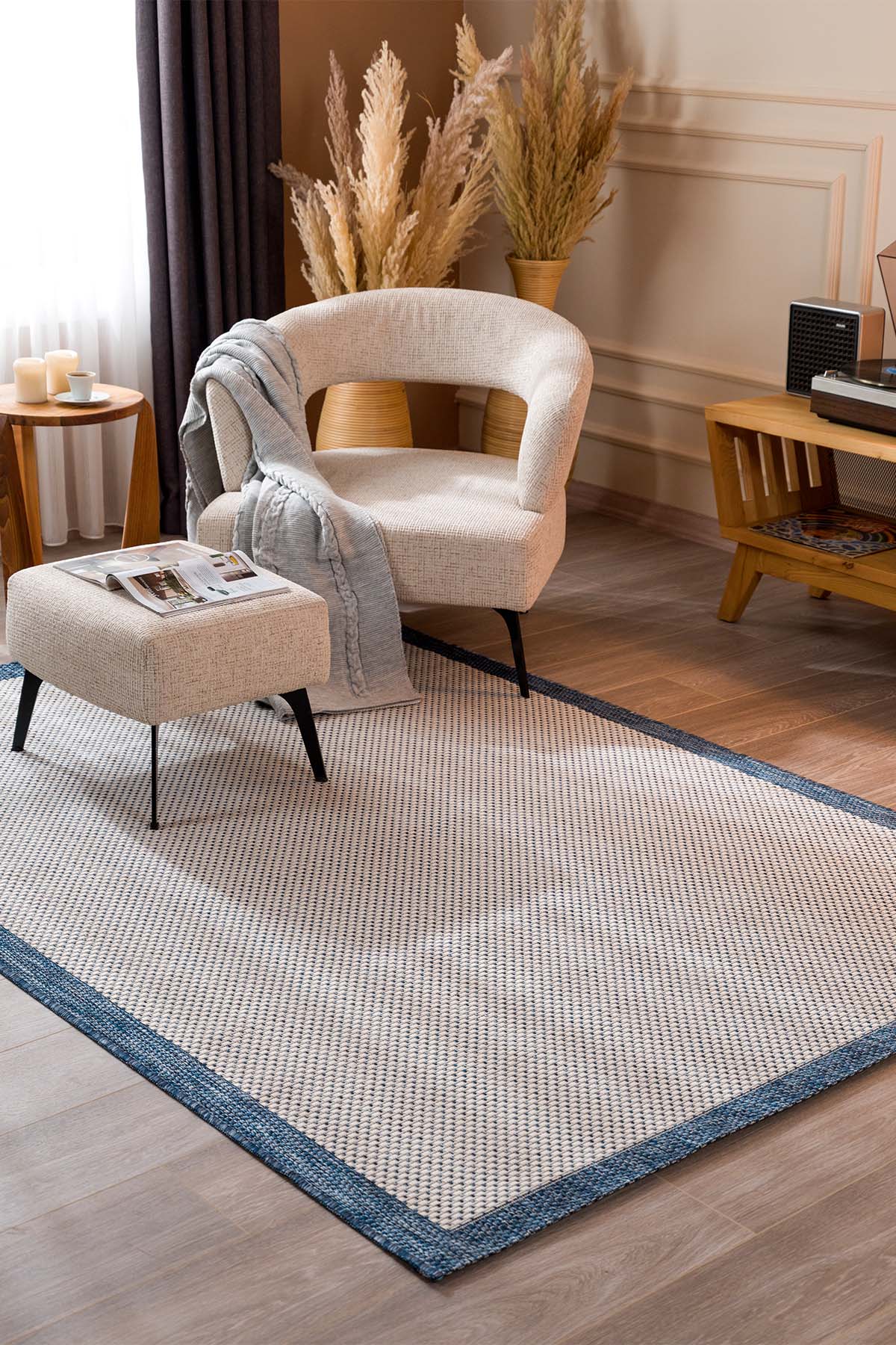 Santorini 120 Ekru Lacivert Bordür Desenli Sisal Halı