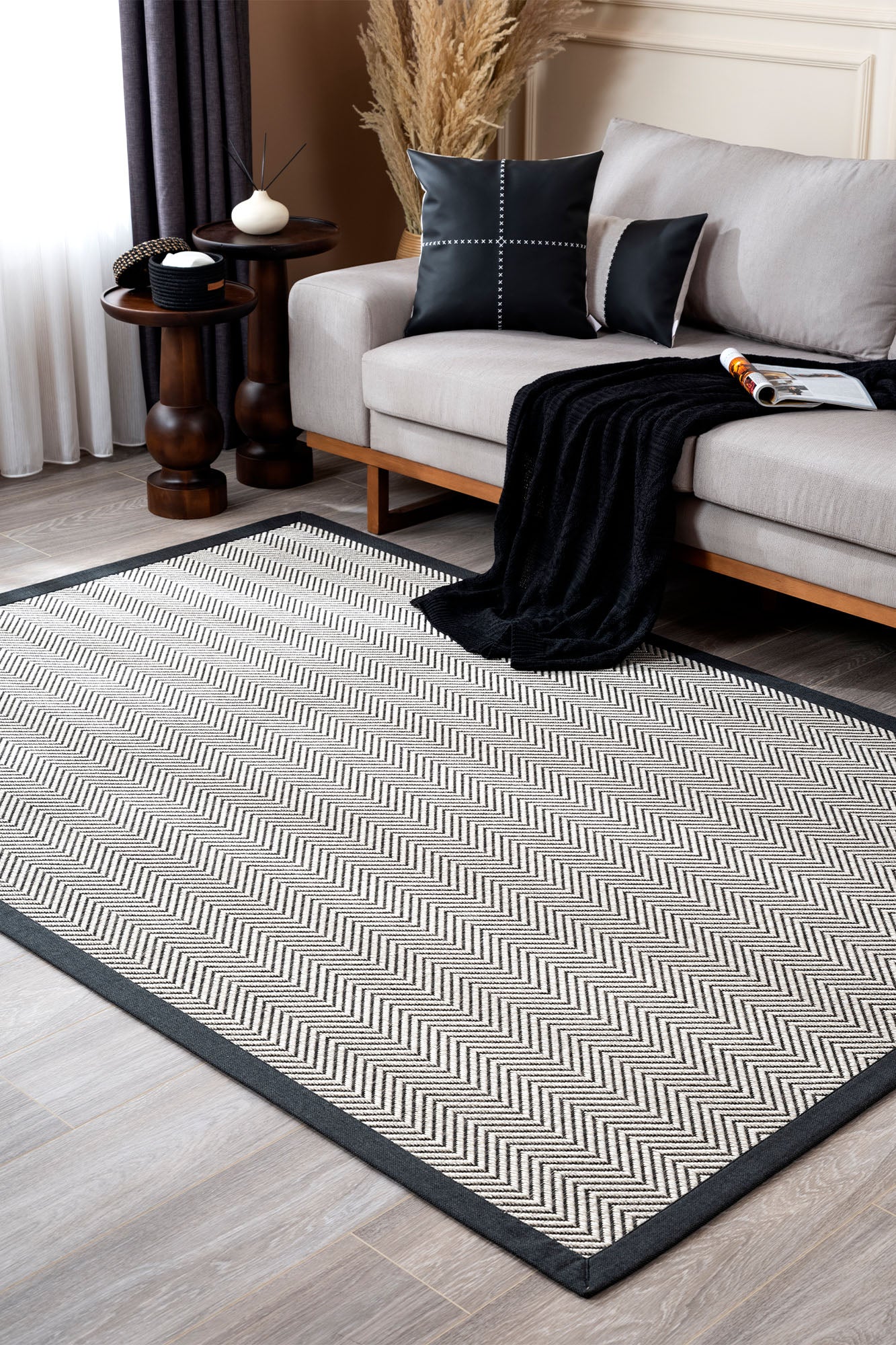 Verona 140 Krem Siyah Sisal Halı Siyah Bordürlü